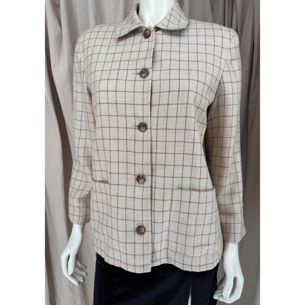Country Shop Vintage Wool Silk Linen Plaid Blazer Jacket Tan Beige Brown Size 10